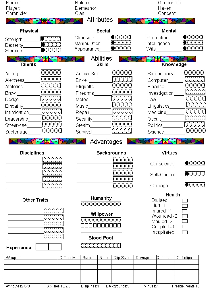 Doundrella's Vampire: The Masquerade Character Sheet (Blank)